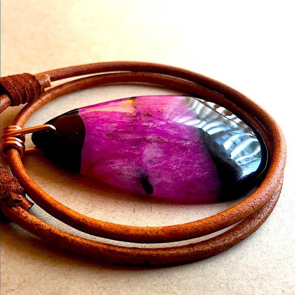 NEW Polished Agate Stone Pendant Copper Wire Wrap 16" Boho Choker Necklace - Picture 10 of 11